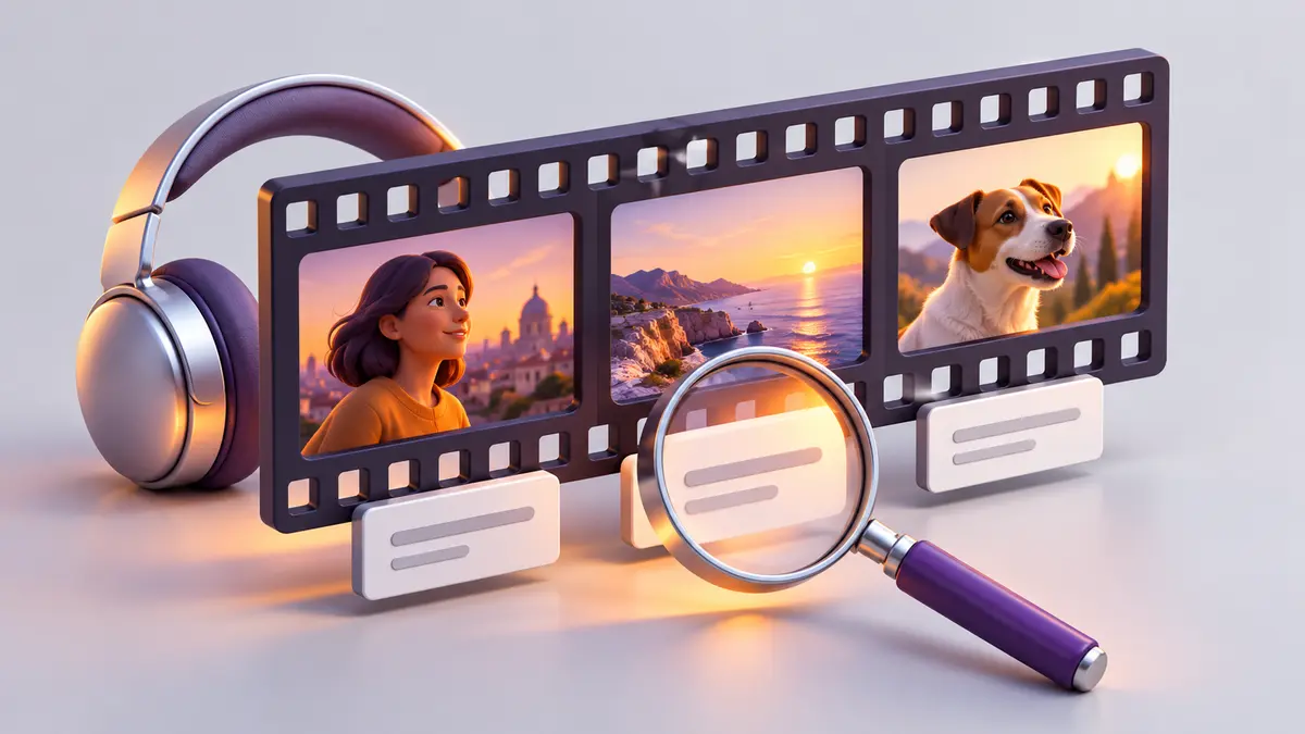 بازبینی متن و زمانبندی زیرنویس تصویرسازی نوار فیلم، هدفون و ذرهبین روی کارت زیرنویس